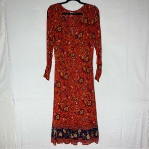 Old Navy Red Orange Floral Long Sleeve Boho Maxi Dress M